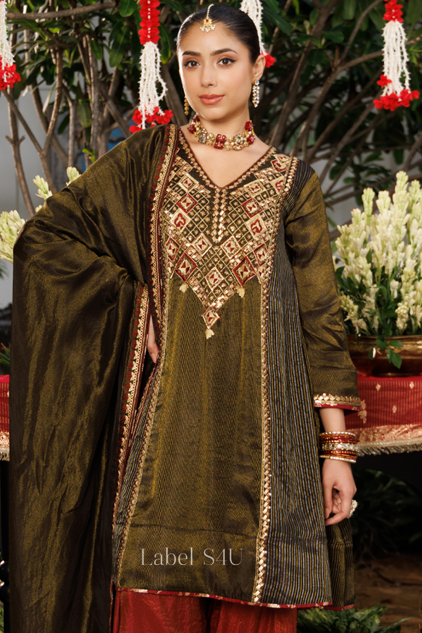 Olive Embellished Farshi Salwar Set