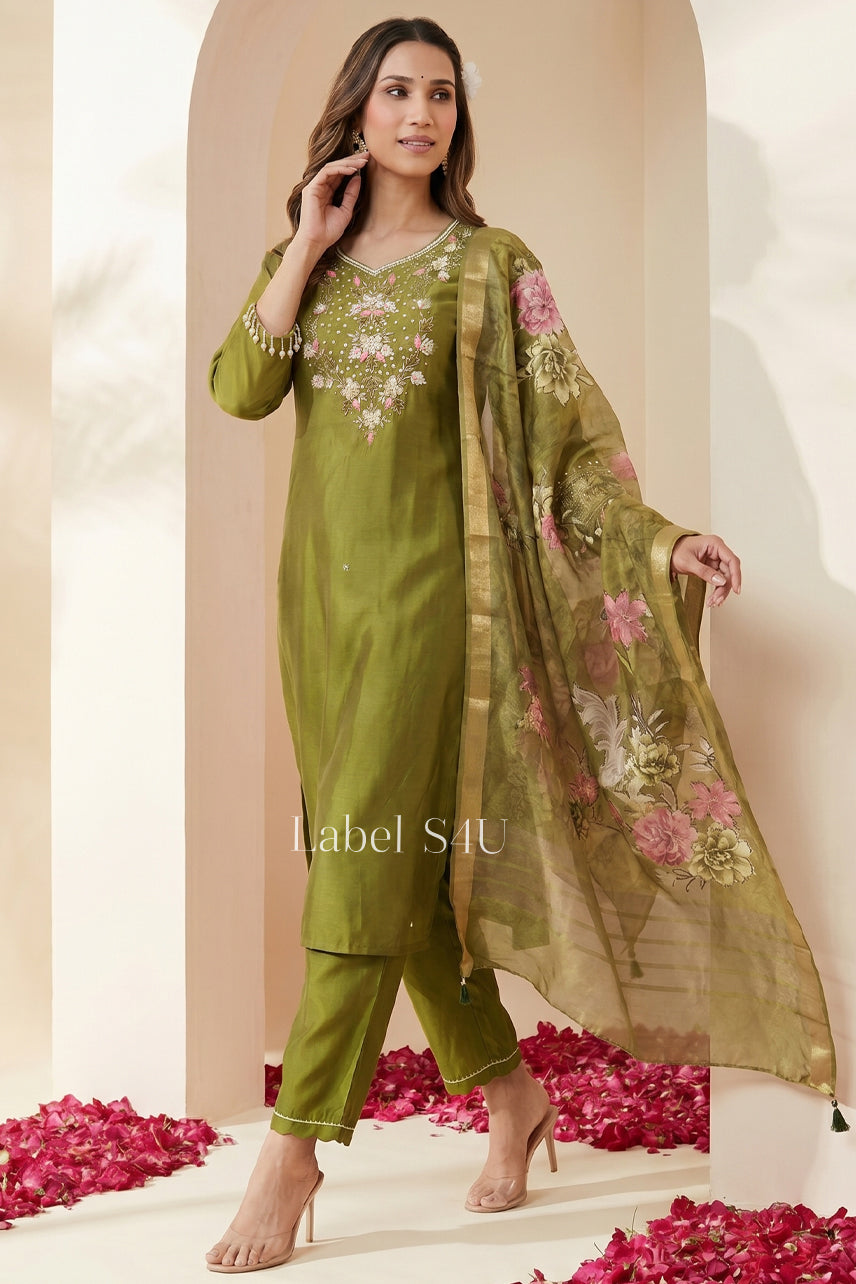Olive Floral Embroidered Suit Set