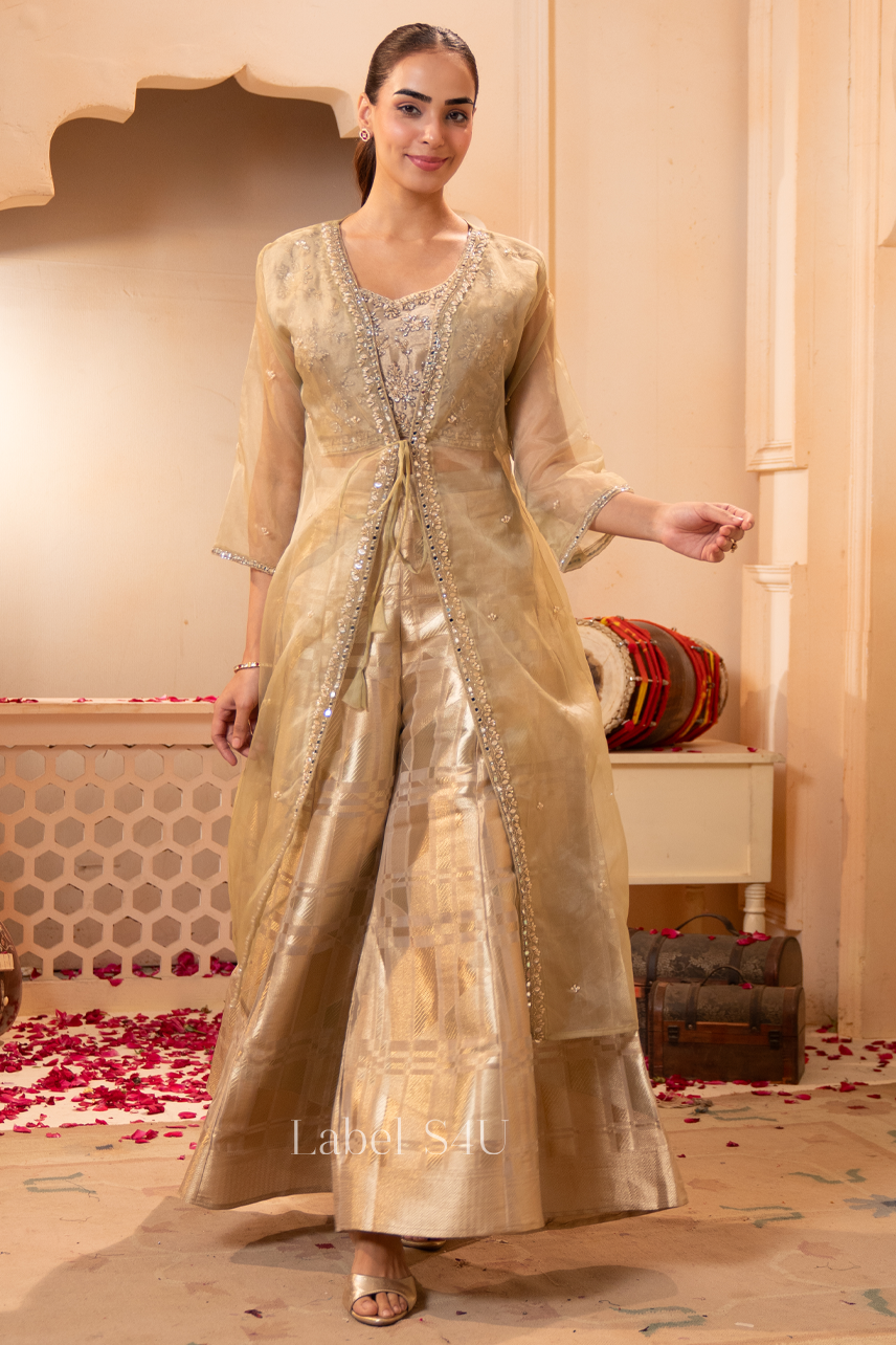 Beige Tissue Overlay Palazzo Set