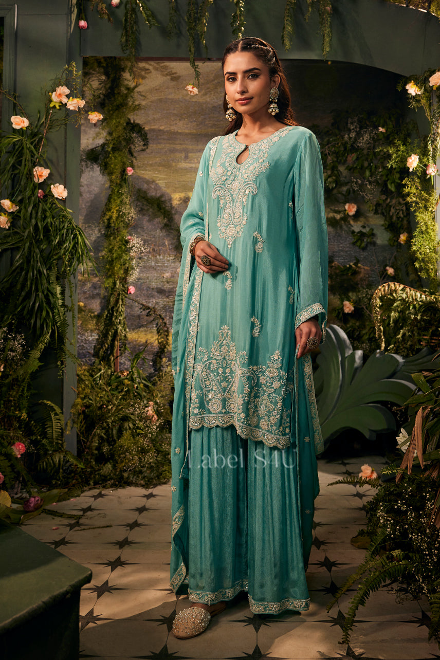 Aqua Blue Handwork-Palazzo Set