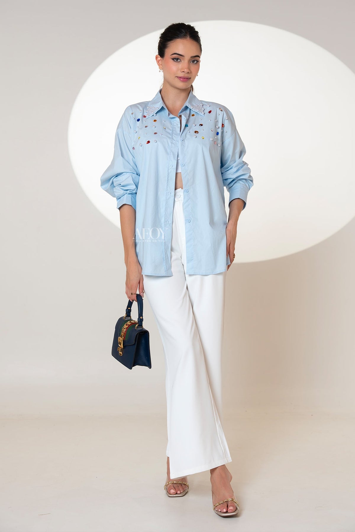 Blue-Pearl Embellished -Shirt