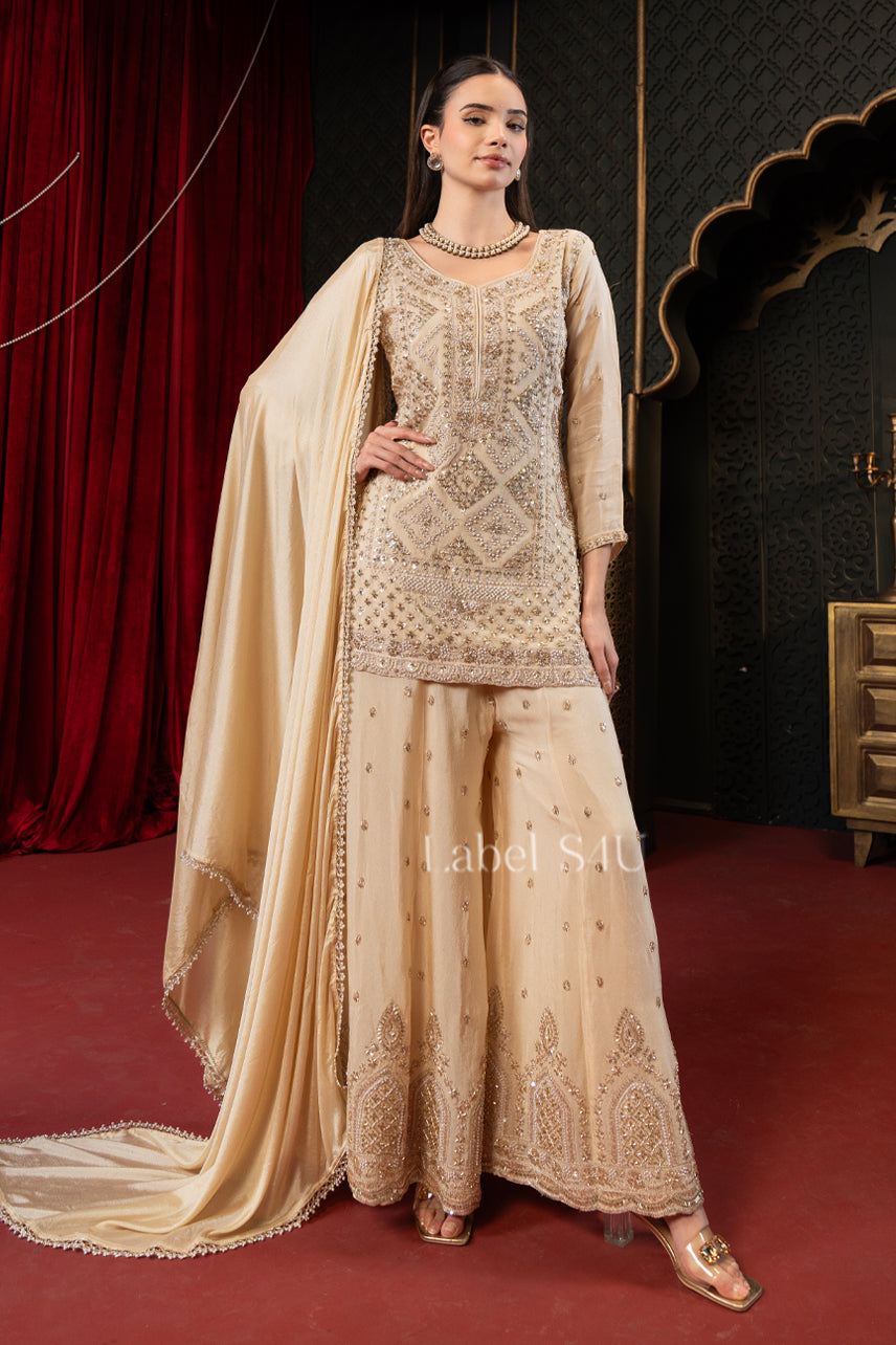 Ibaadat Beige Handwork-Sharara Set