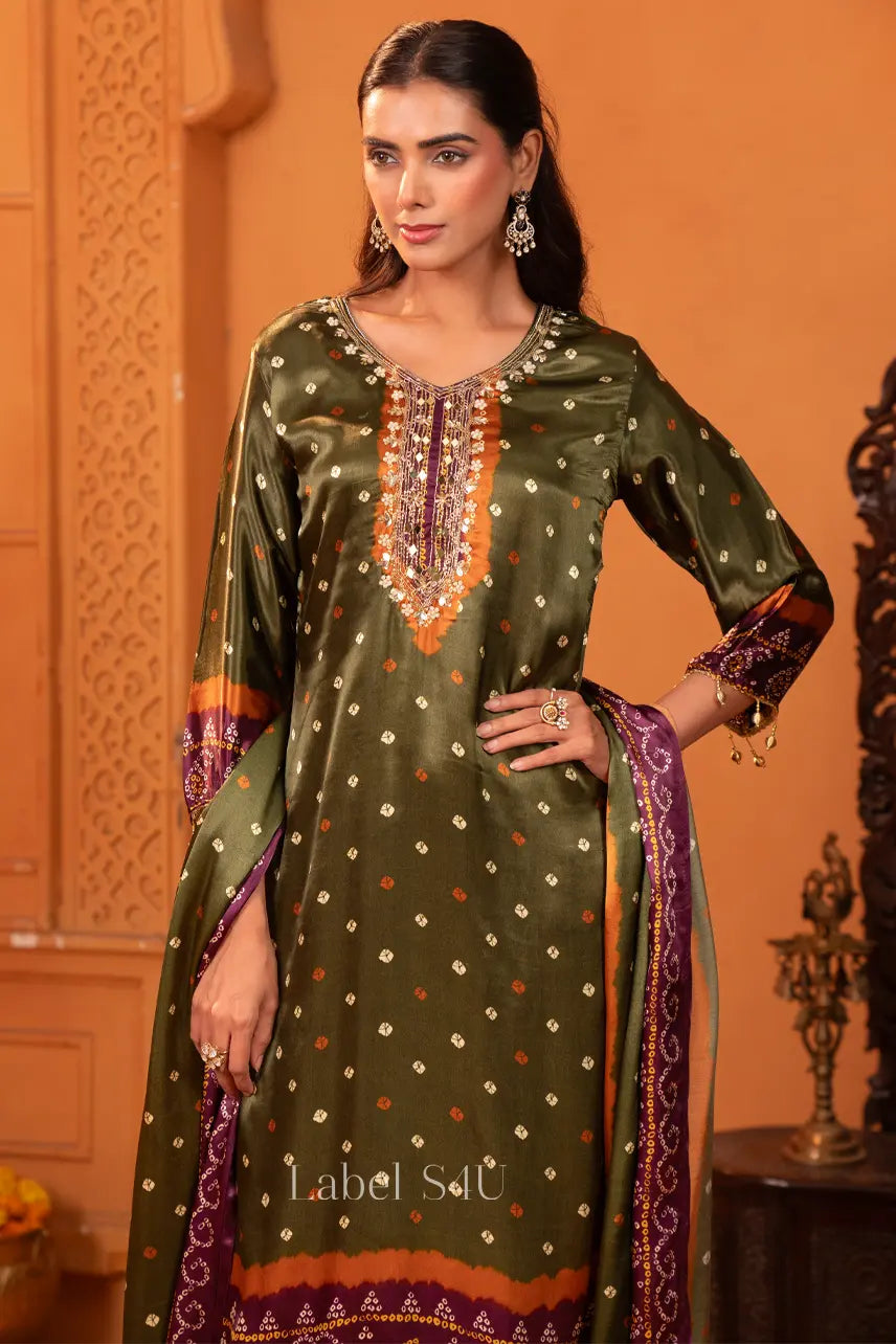 Olive Bandhani Contrast Suit Set
