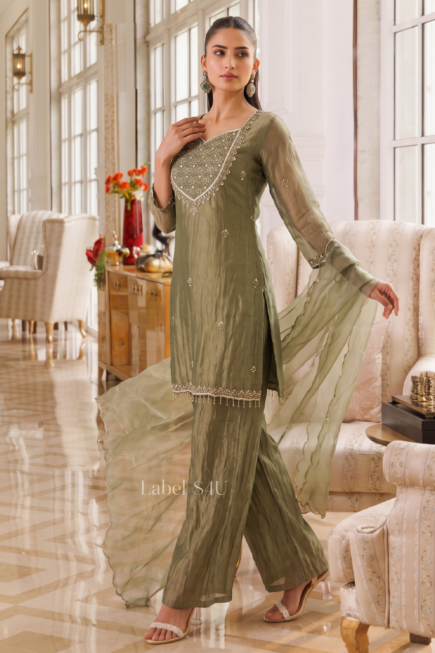 Pastel Olive Tissue Palazzo Set