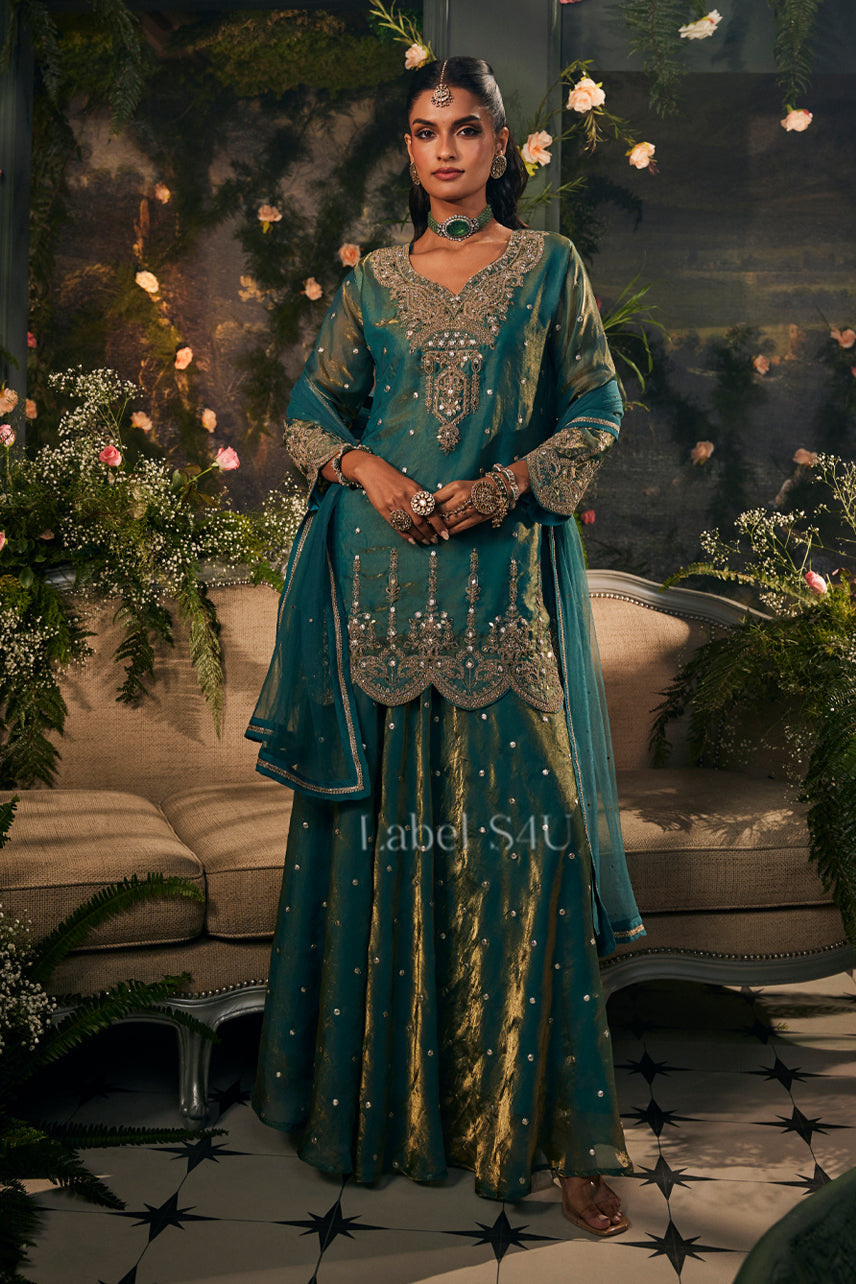 Adaah Teal Shimmer-Skirt Set