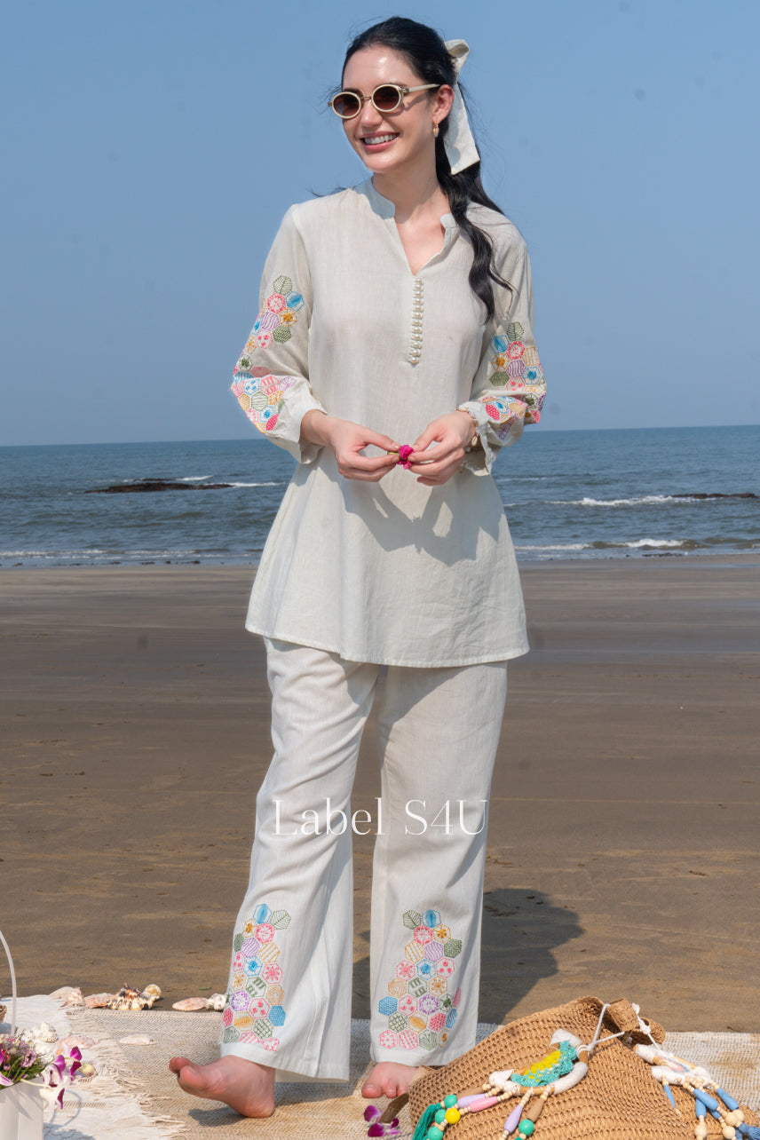 Seaside Bloom Embroidered Cotton Co-ord Set