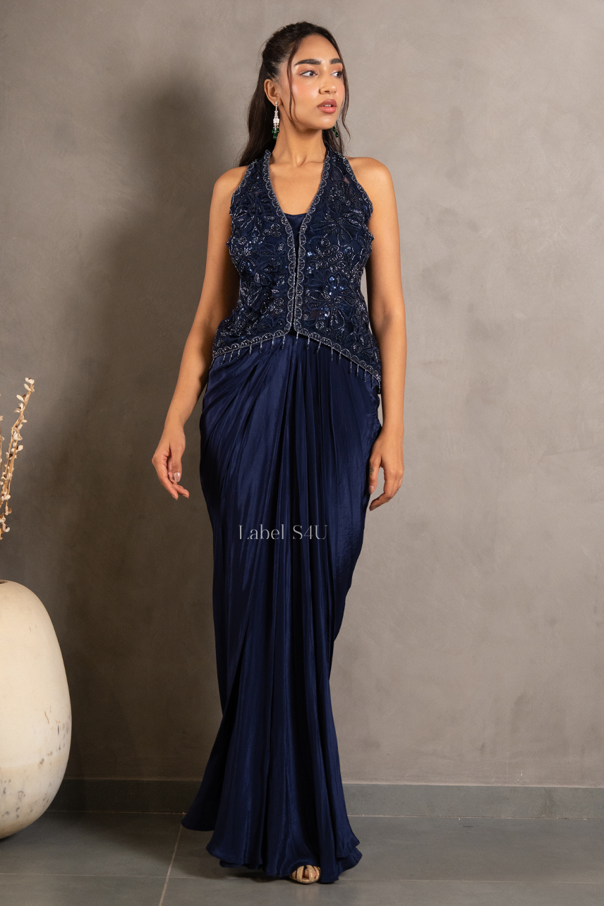 Starlit Navy Embellished Skirt Set