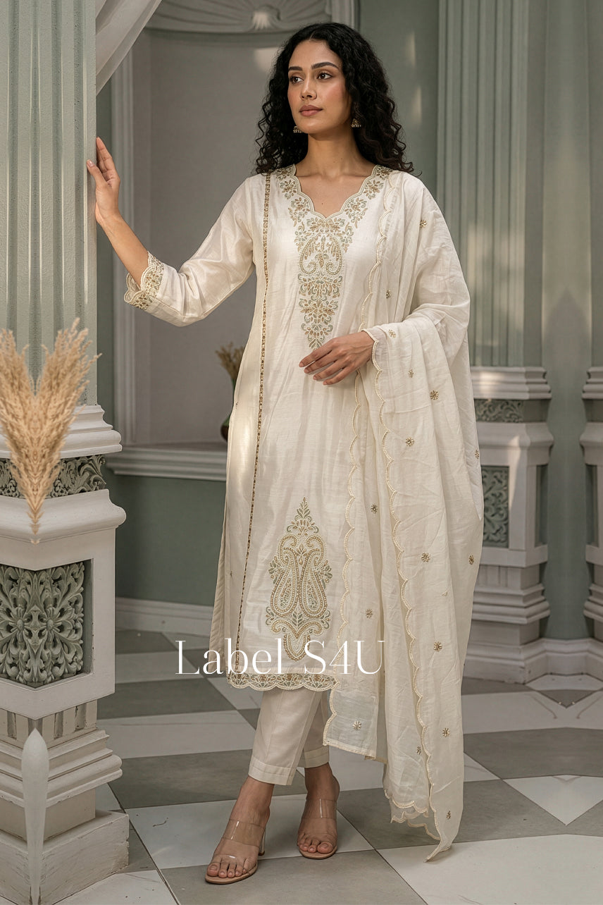 Cream Paisley Embroidered-Suit Set