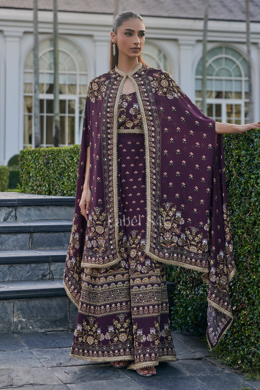 Noor-e-Naz Wine Printed-Cape Set