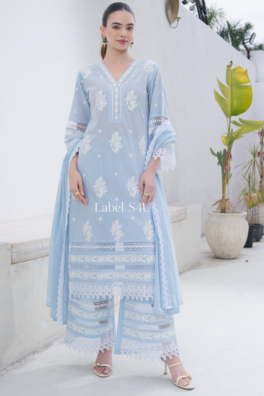 Pastel Floral Threadwork Cotton Suit Set