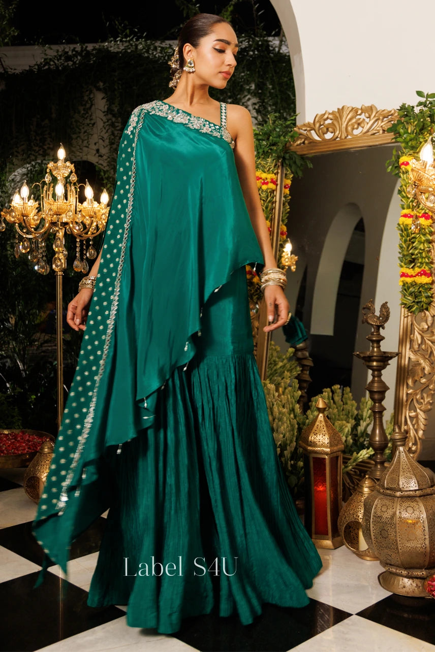 Green One-Shoulder Sharara Set
