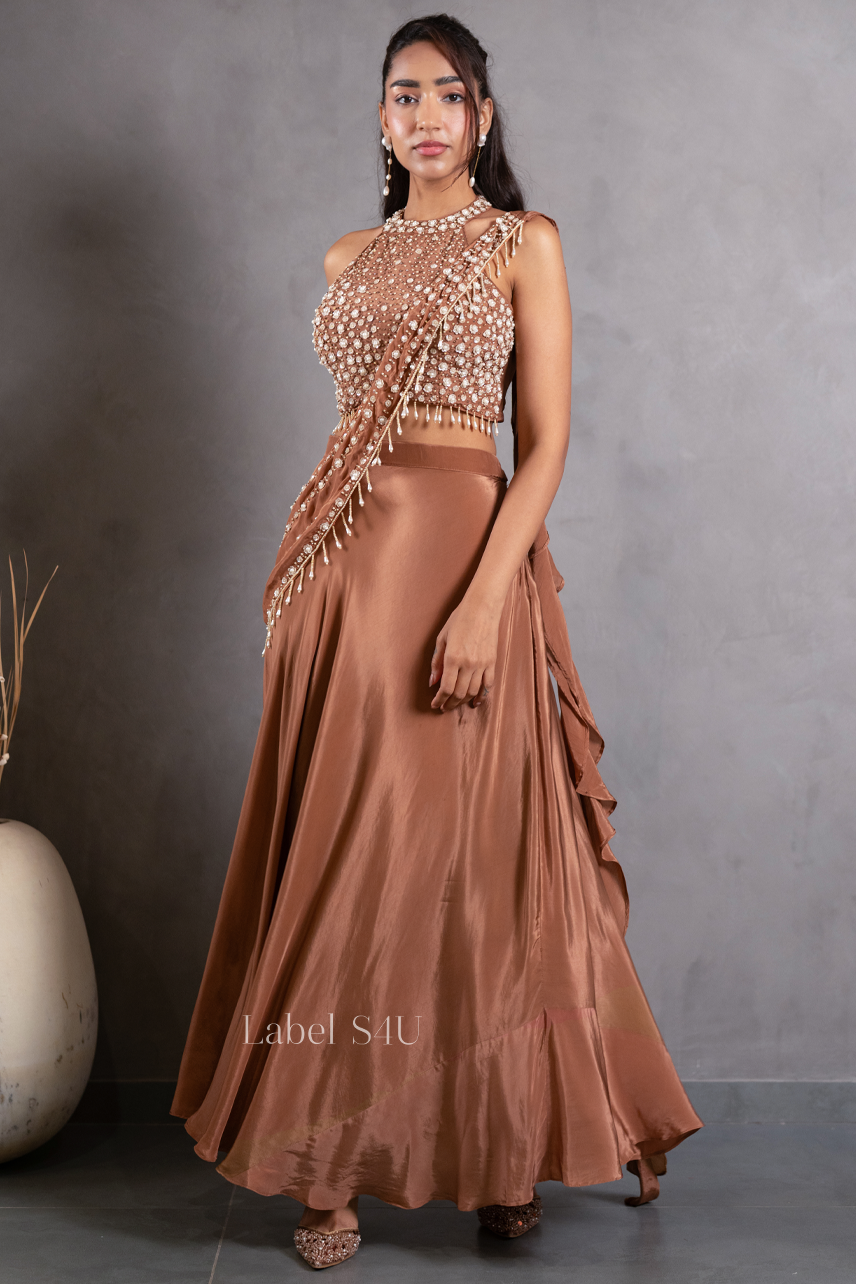 Cocoa Brown Embellished Draped Skirt Set