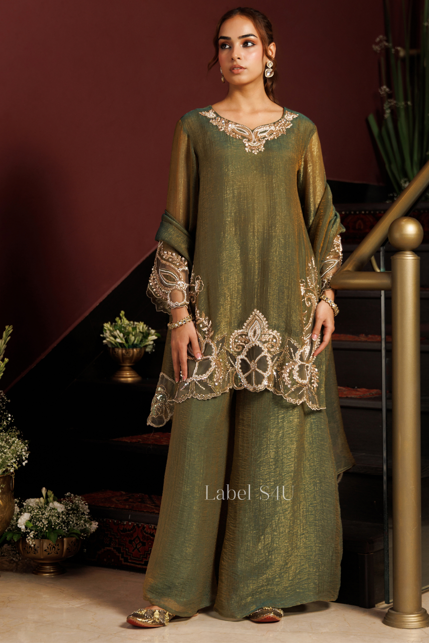 Olive Green Cutwork Handwork Palazzo Set