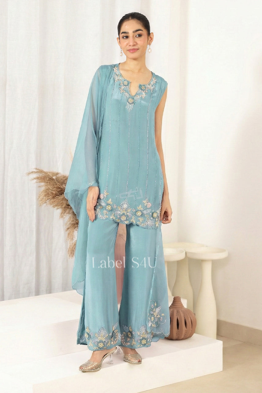Sky Blue Handwork-Palazzo Set