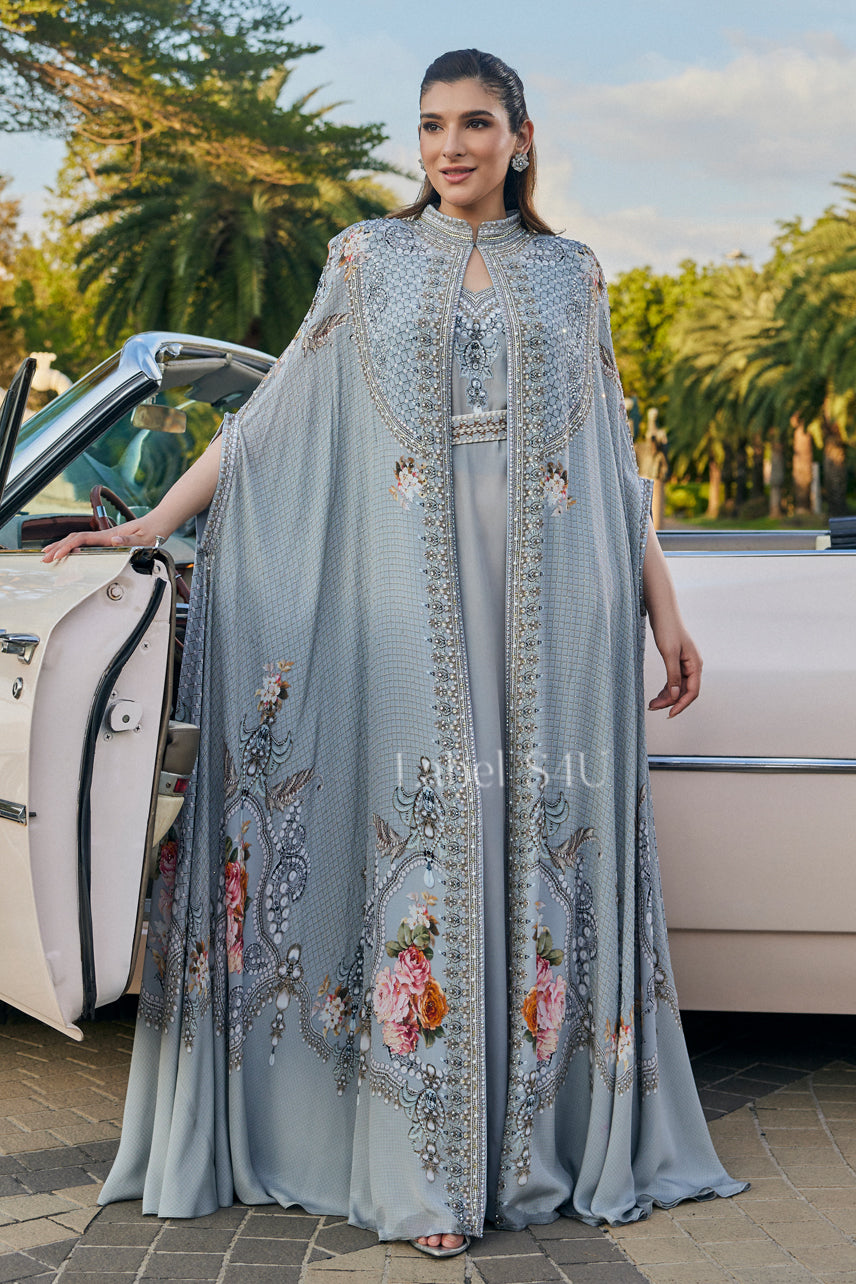 Rahat Grey Embellished-Cape Set