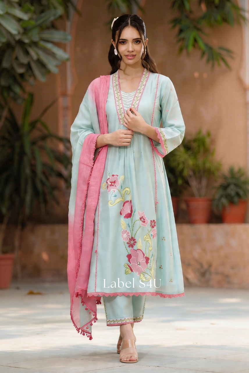 Threadwork Cotton Anarkali Set