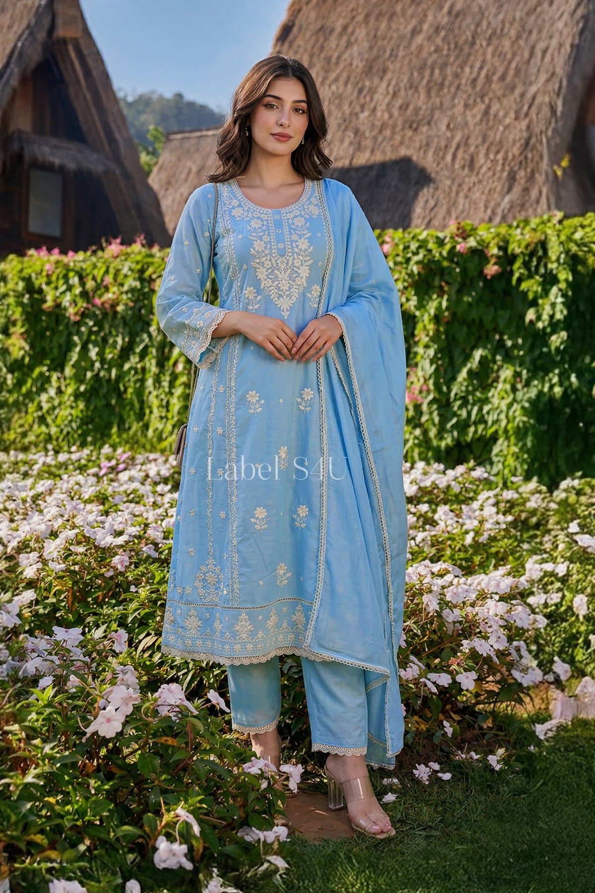 Powder Blue Embroidered-Suit Set
