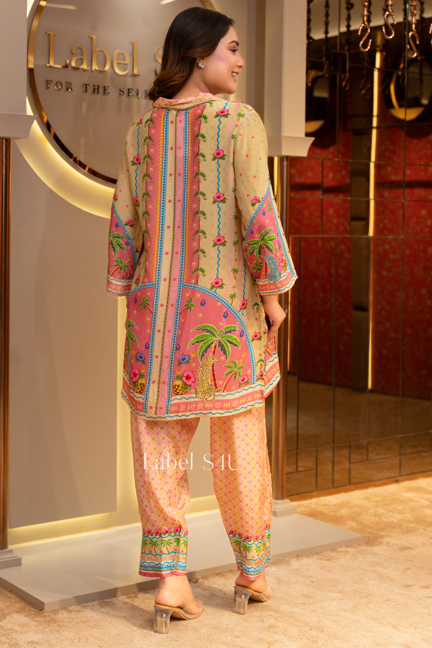 Backside look of colorful tropical printed co-ord set
