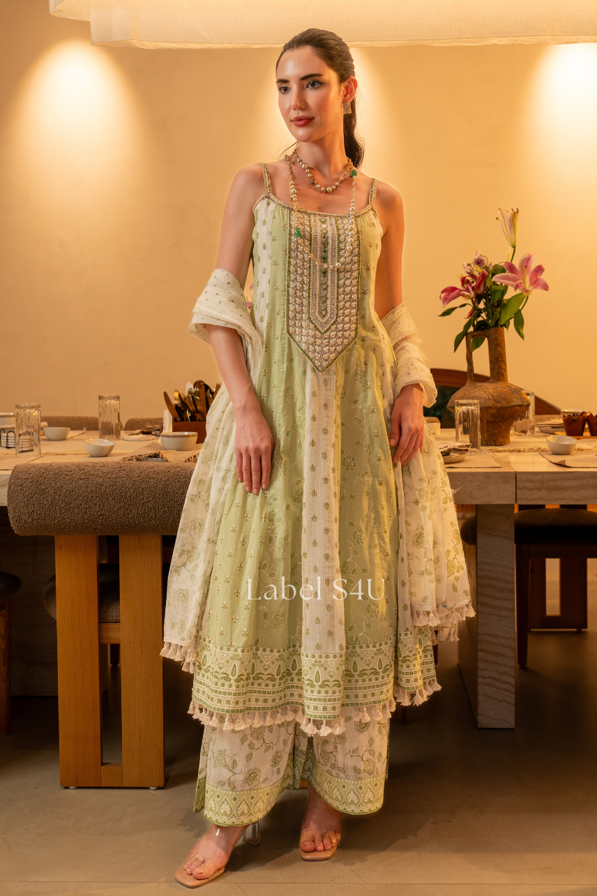 Pistachio Bloom Cotton Anarkali Set