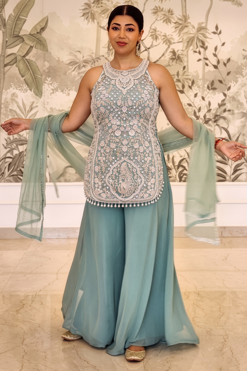 Actress Debina Bonnerjee in a Label S4U mint palazzo set while celebrating Ganesh Chaturthi.