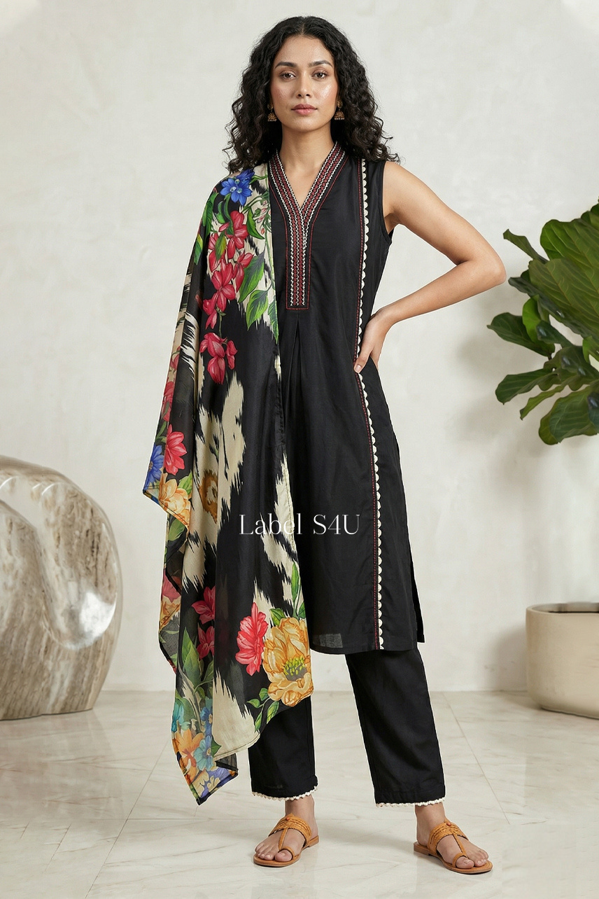 Black Botanique Straight Suit Set