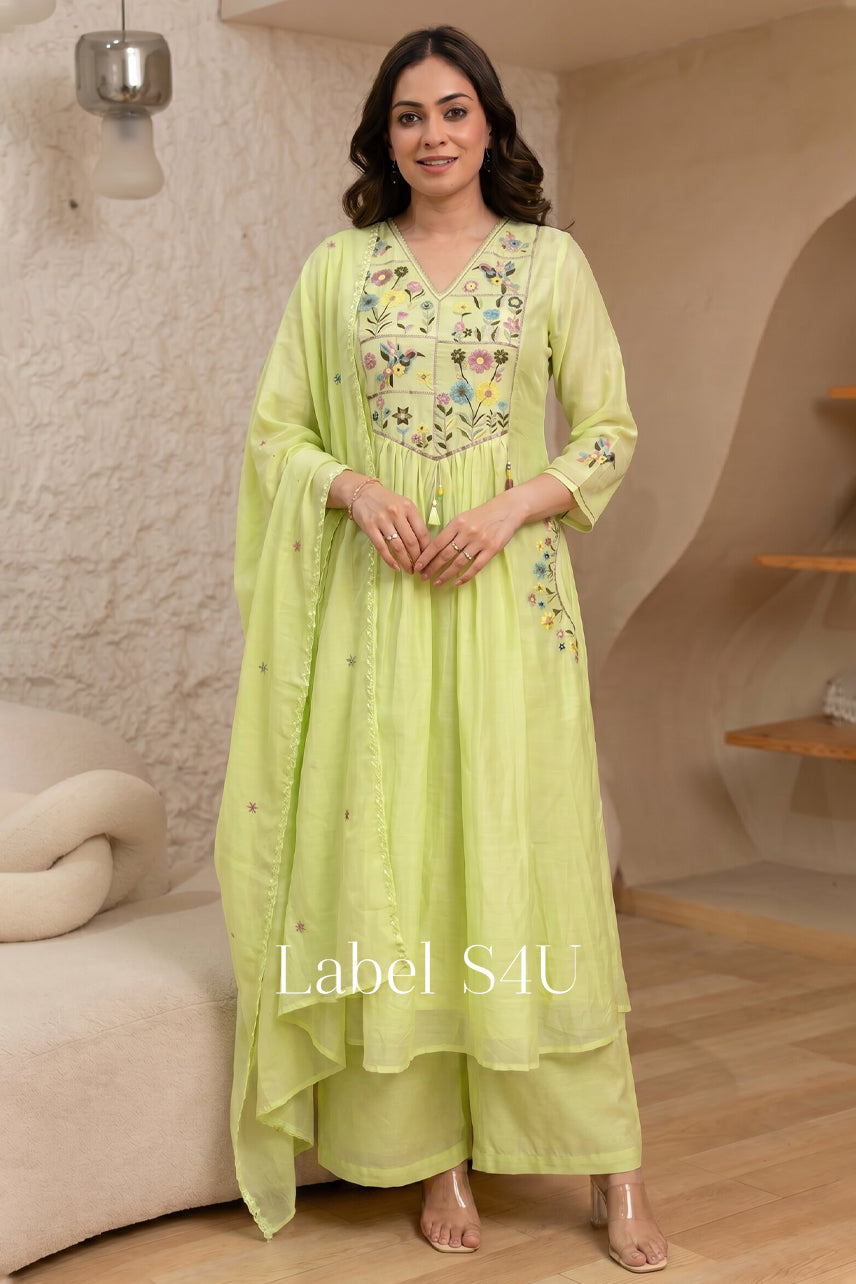 Green Embroidered A-Line Kurta Set