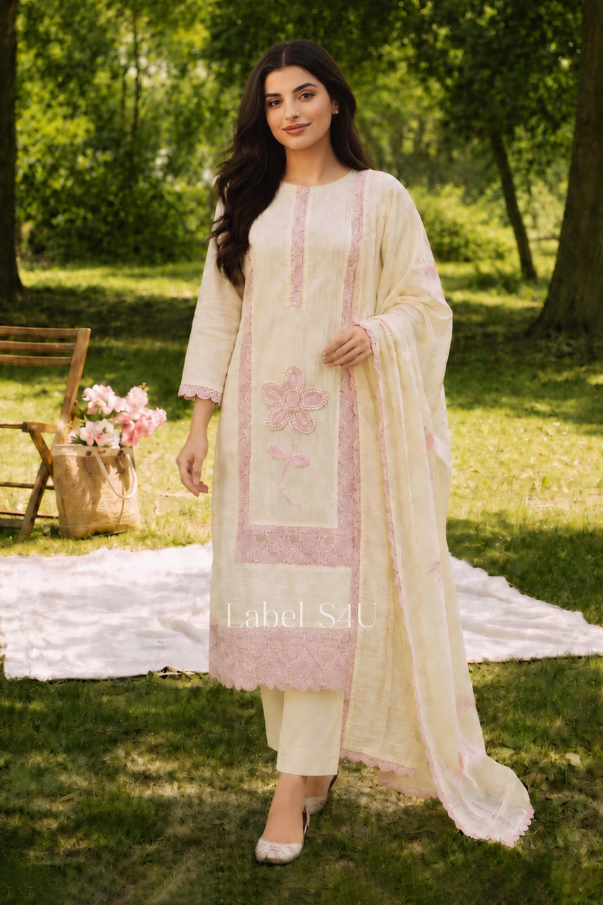 Cream Bloom Embroidered Suit Set