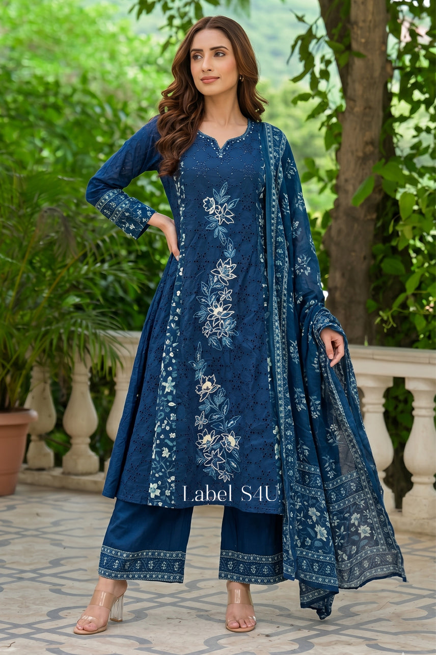 Blue Schiffli Summer Anarkali Set