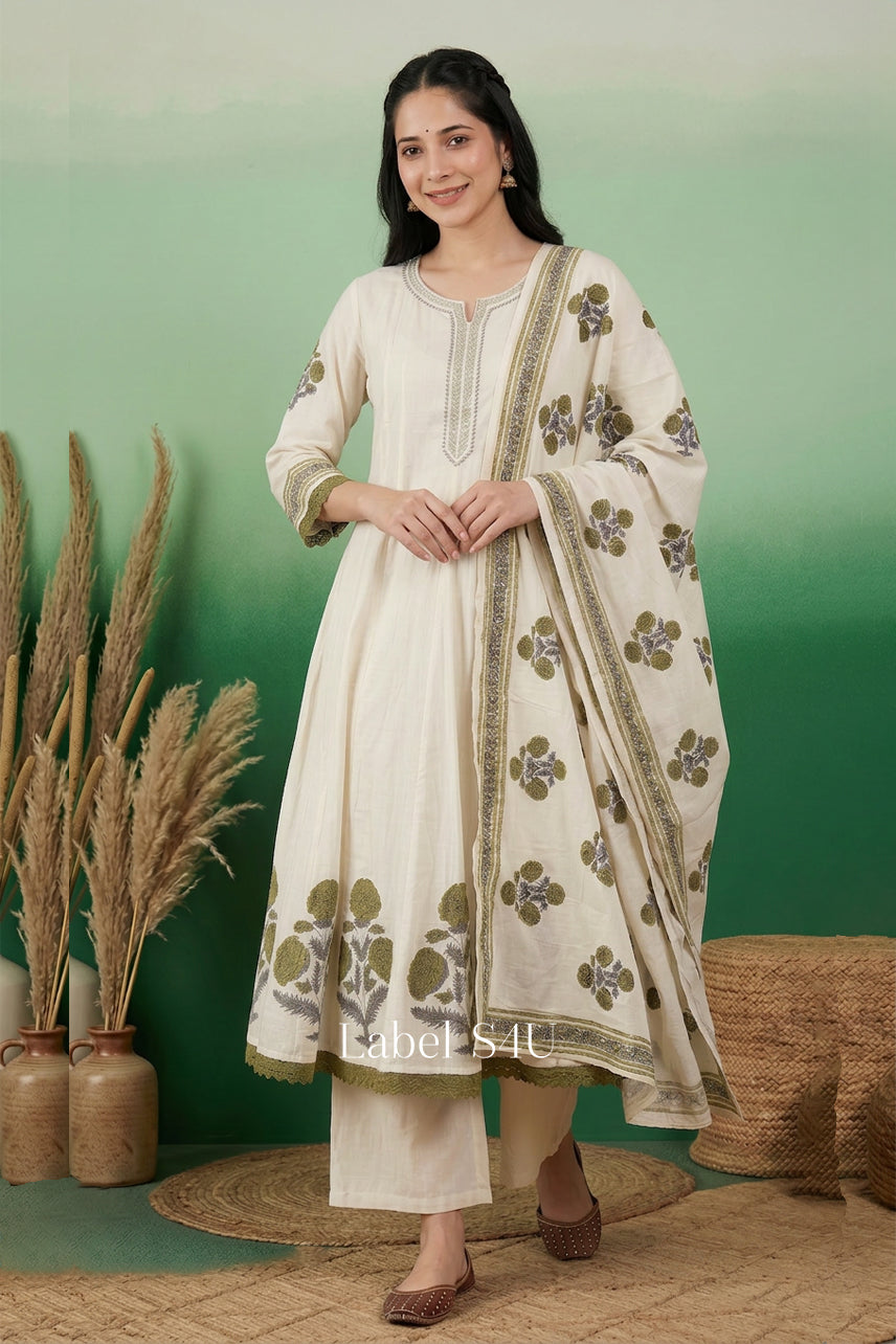 Olive Bloom Cotton Anarkali Set