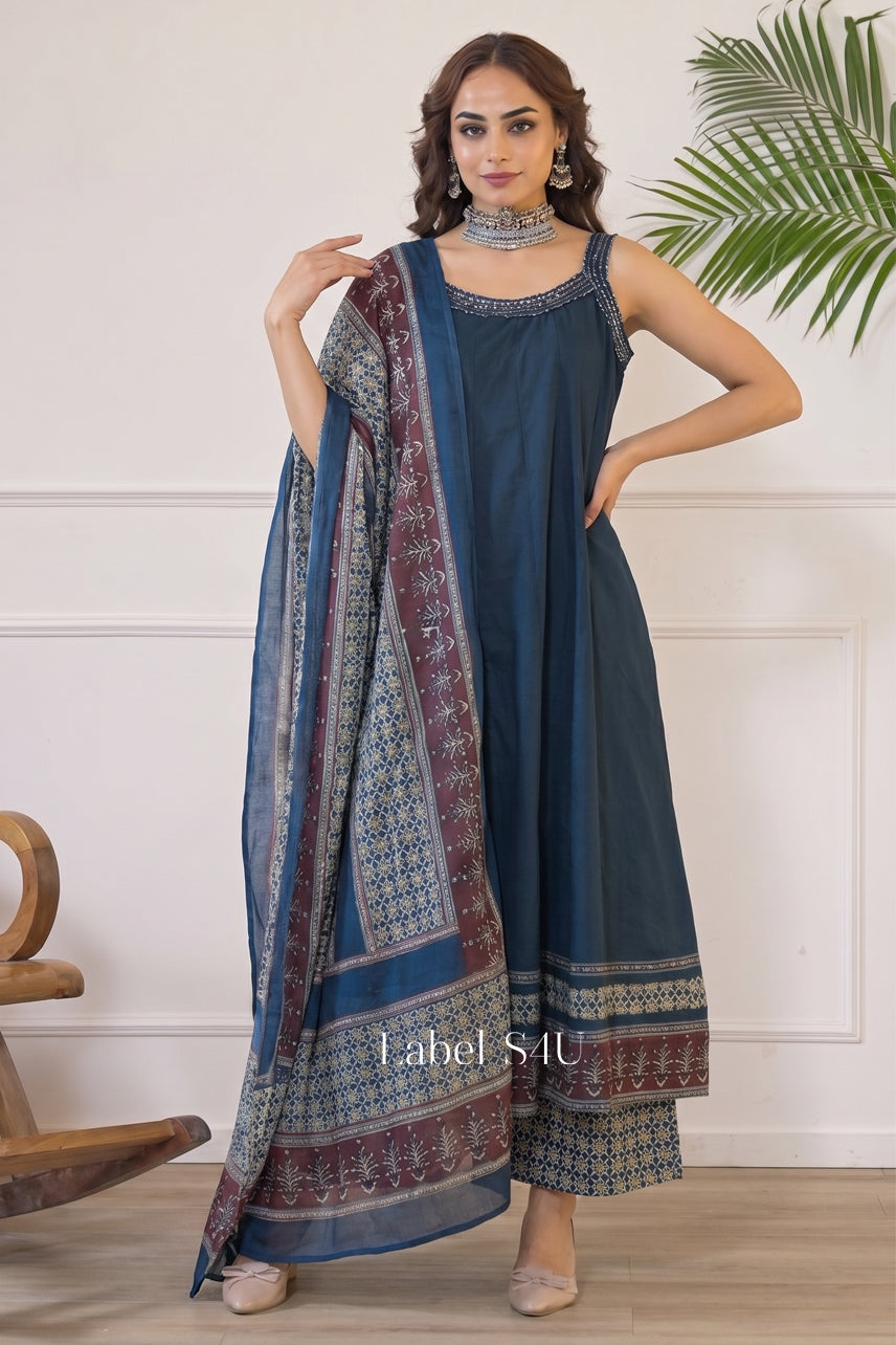 Indigo Block Print Anarkali Set