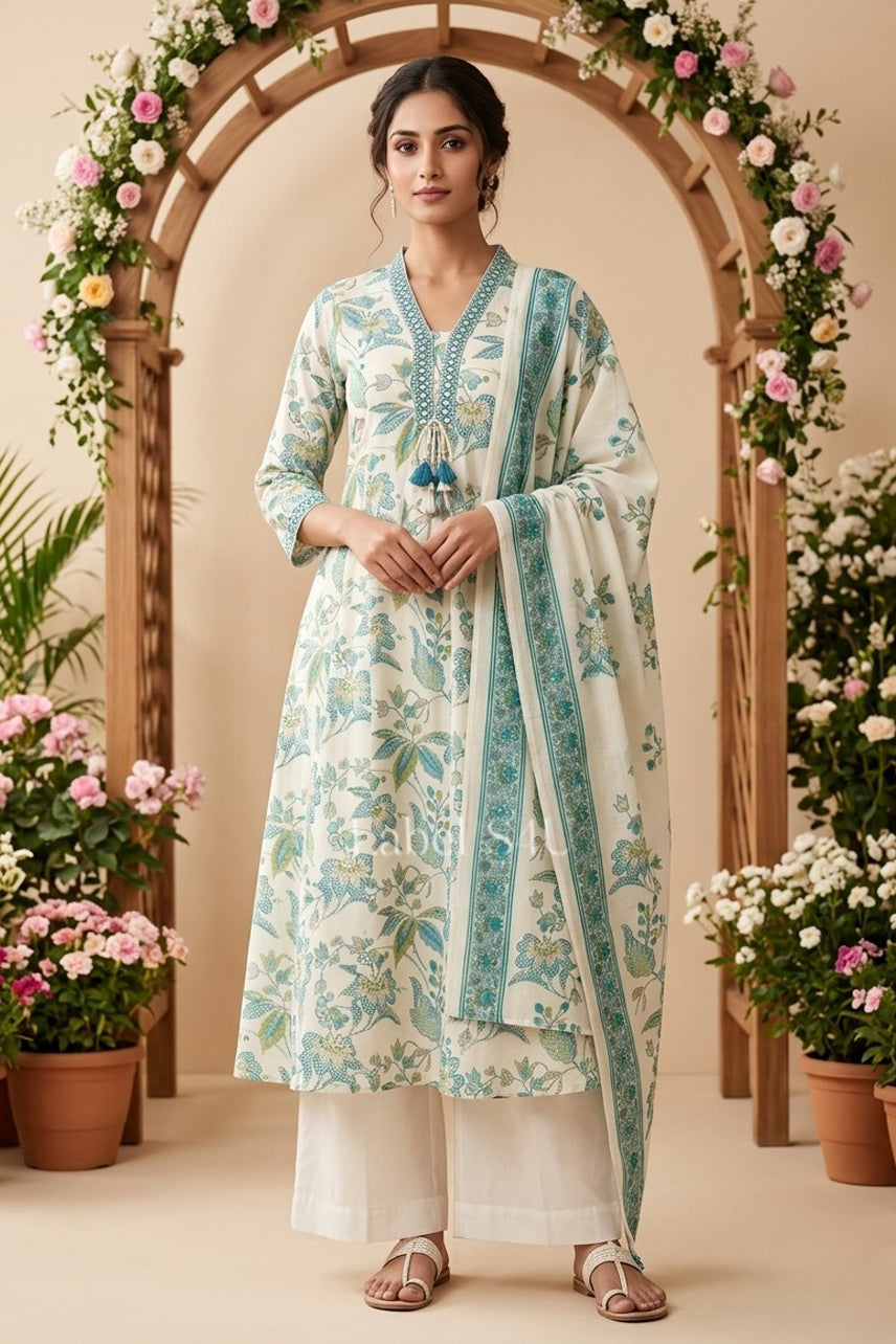 Floral Printed Blue Summer Suit Set