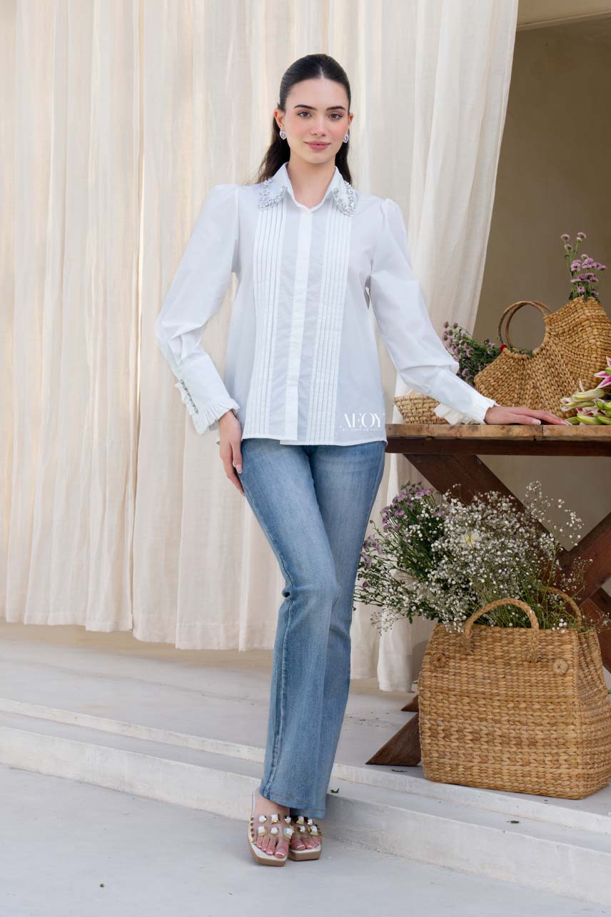 White Embellished Collar Shirt