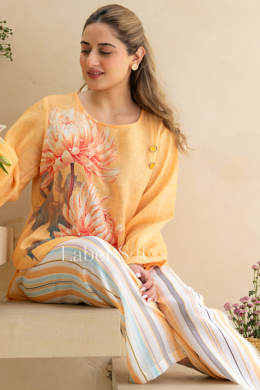 Close-up of soft breathable fabric with floral artwork