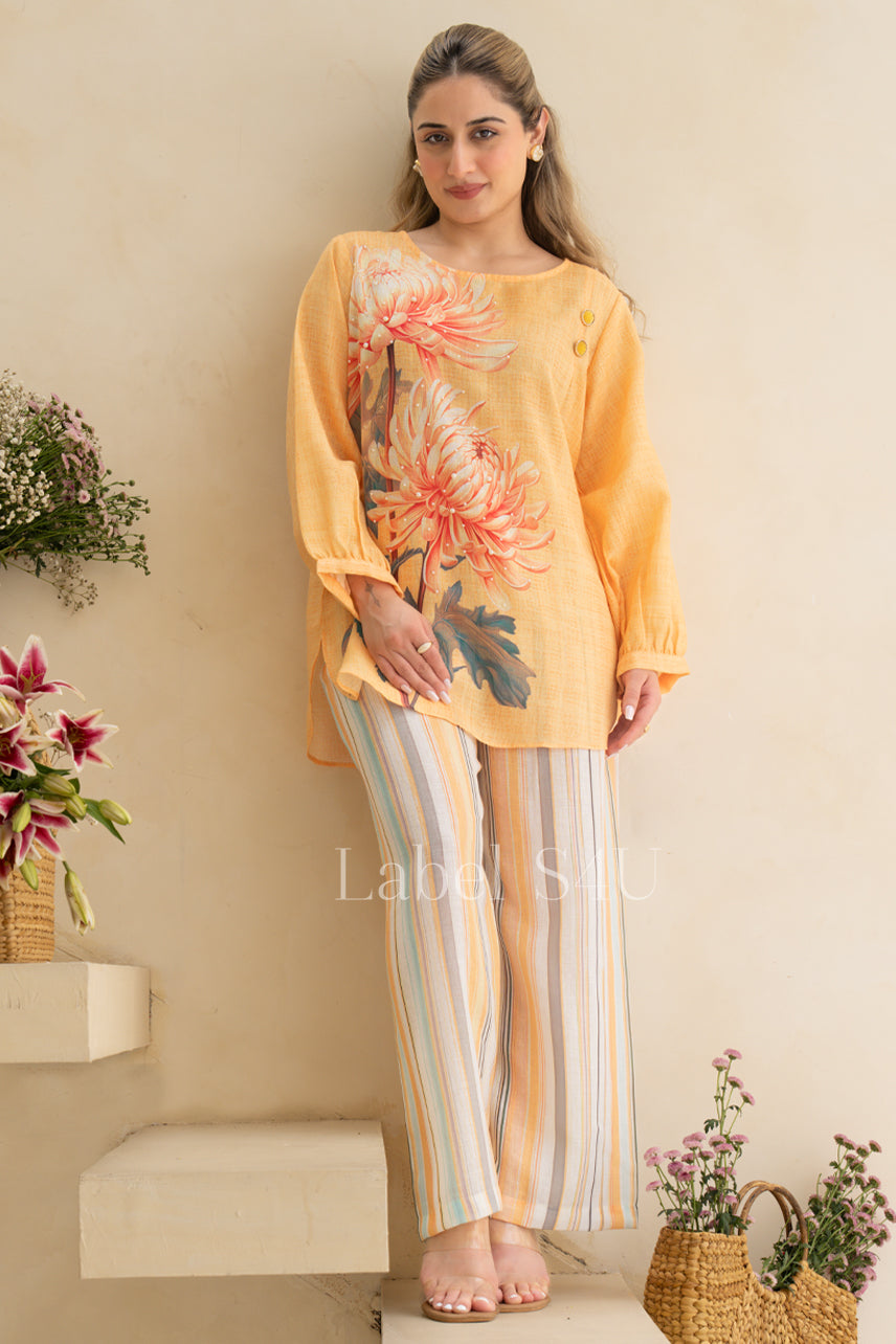 Summer co-ord set in yellow with bold floral print and relaxed fit