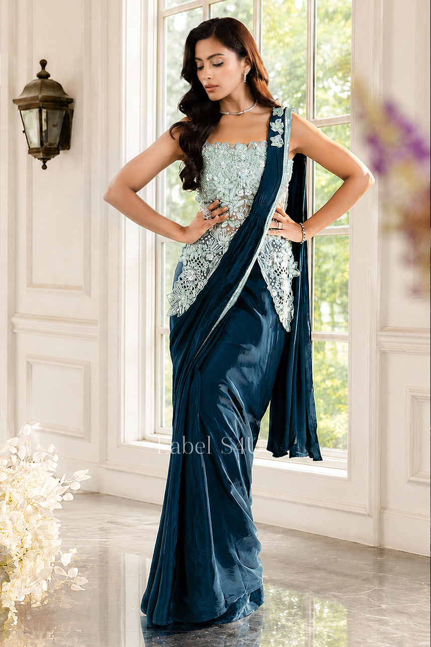 Blue Bling-Pre-Drapped Saree