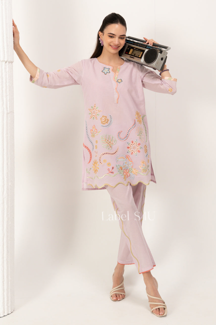 embroidered co-ord set in pink