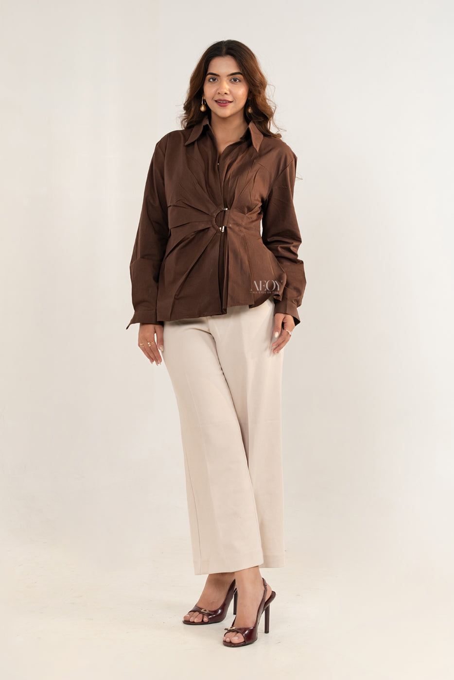 Cinched Waist Brown Cotton -Shirt