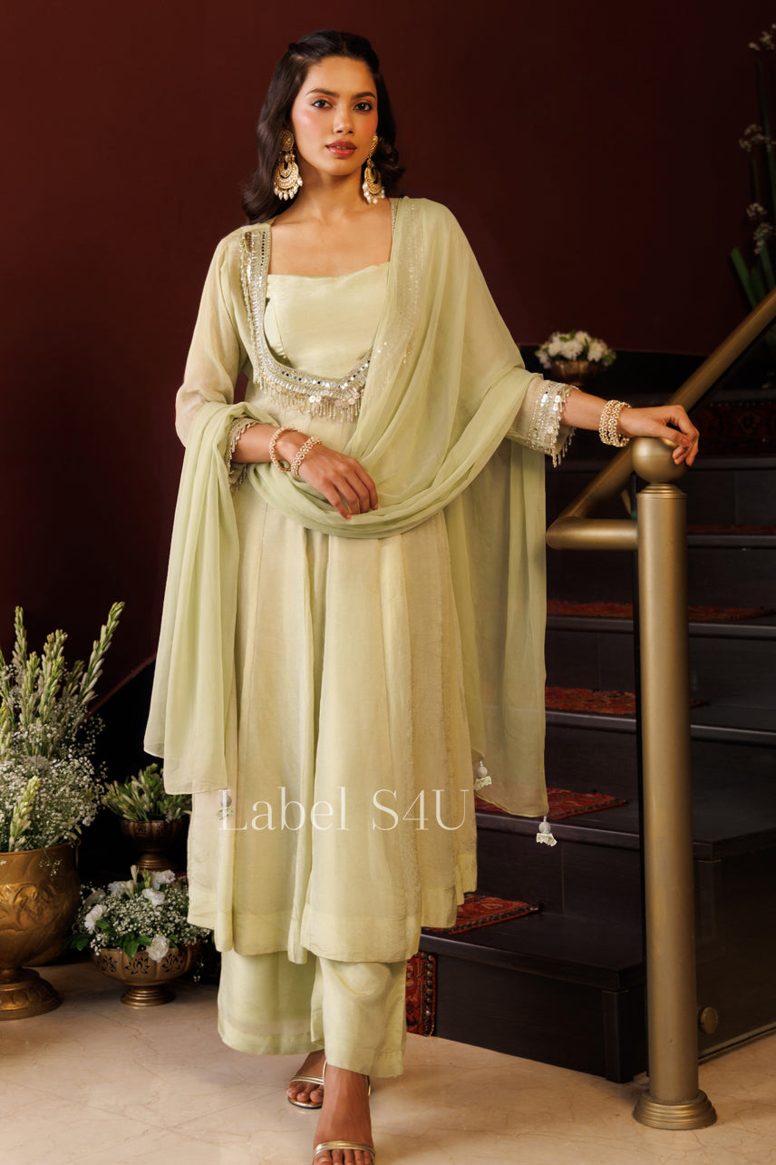 Pistachio Embellished Layered Anarkali Set