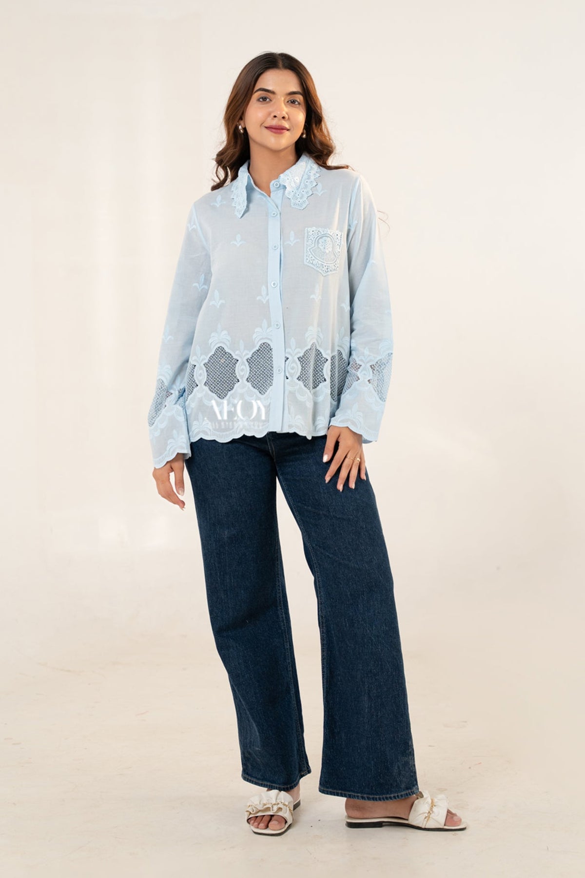 Blue Schiffli Cotton -Shirt