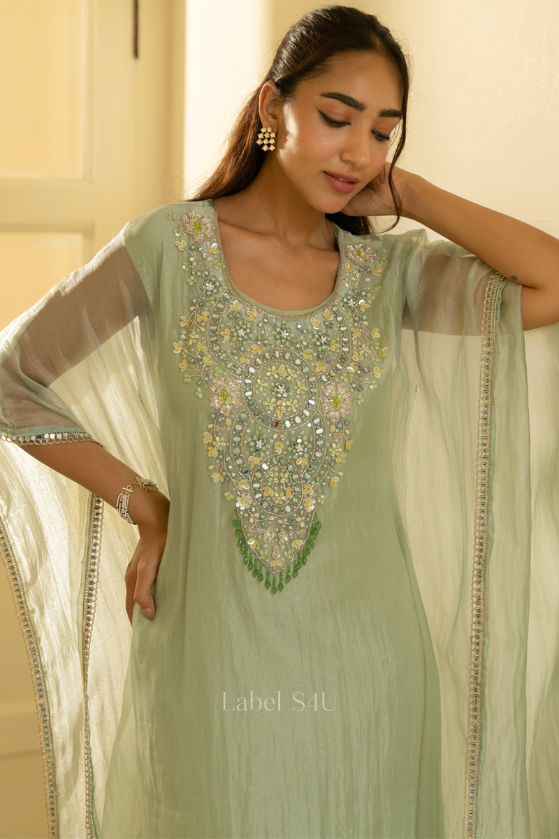 Sage Green Embellished Kaftan Set for Festive or Rakhi wear