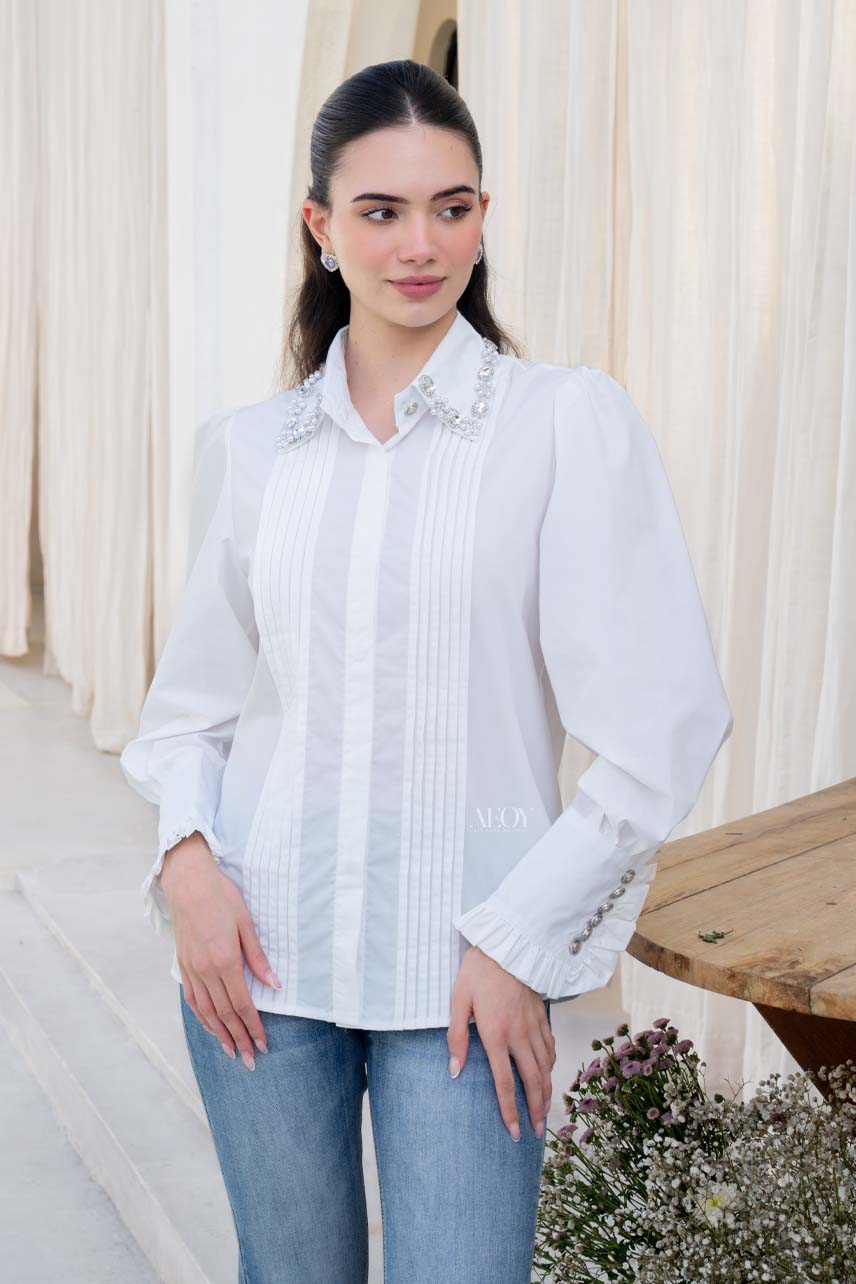 White Embellished Collar Shirt
